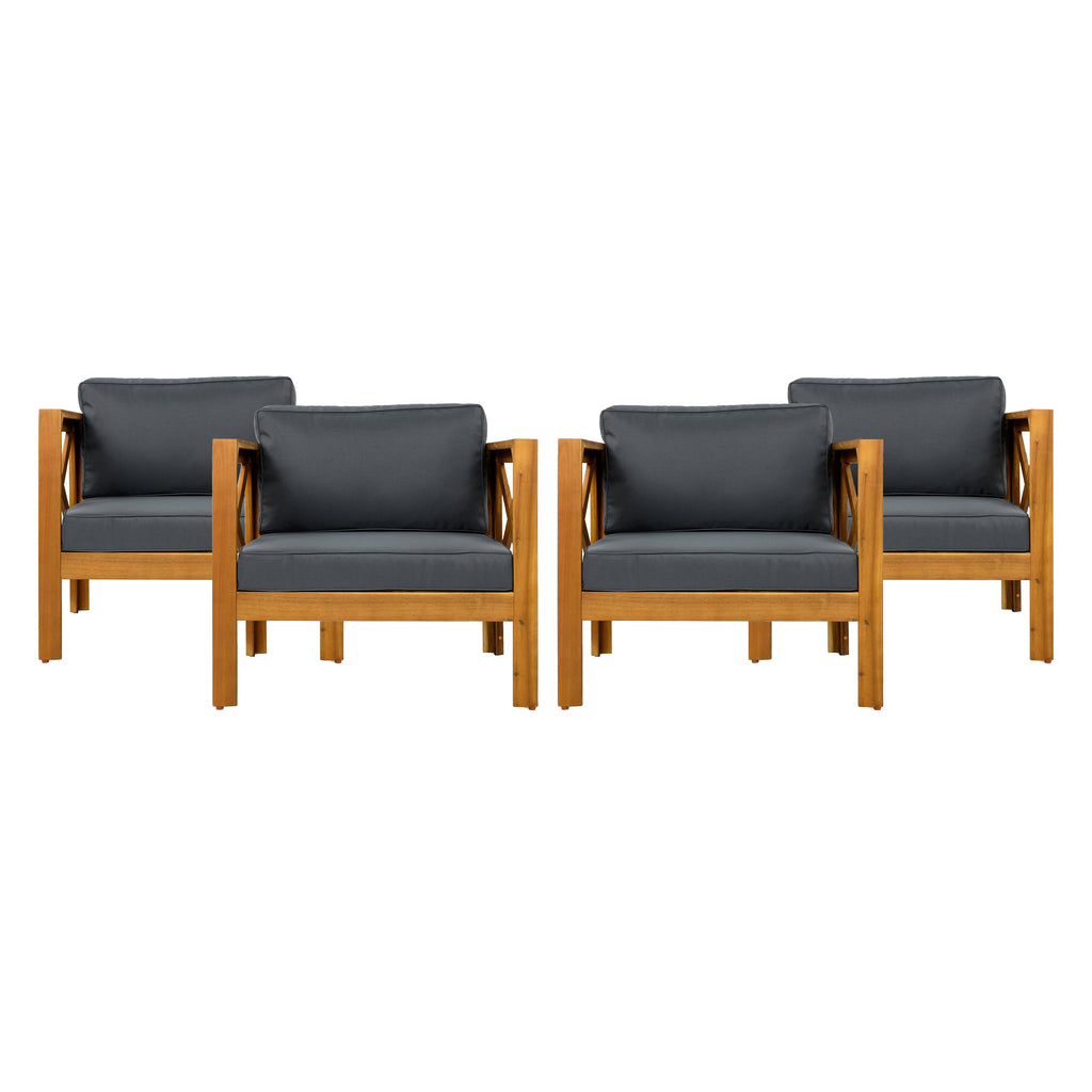 Outdoor Acacia Wood Club Wooden Armchair with Cushions (Set of 4)