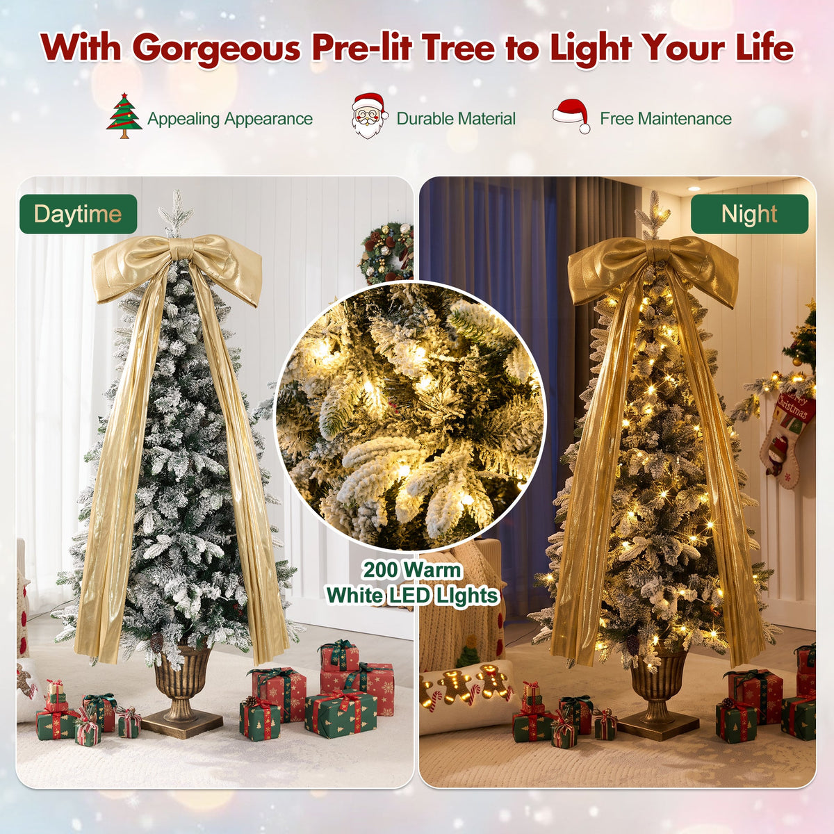 6FT Pre-Lit Flocked Christmas Tree with Real Pine Cones