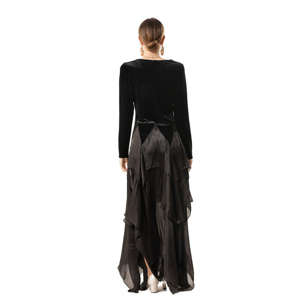 Velvet Smooth V-neck Long-sleeve Patchwork Asymmetrical Hem Maxi Dress