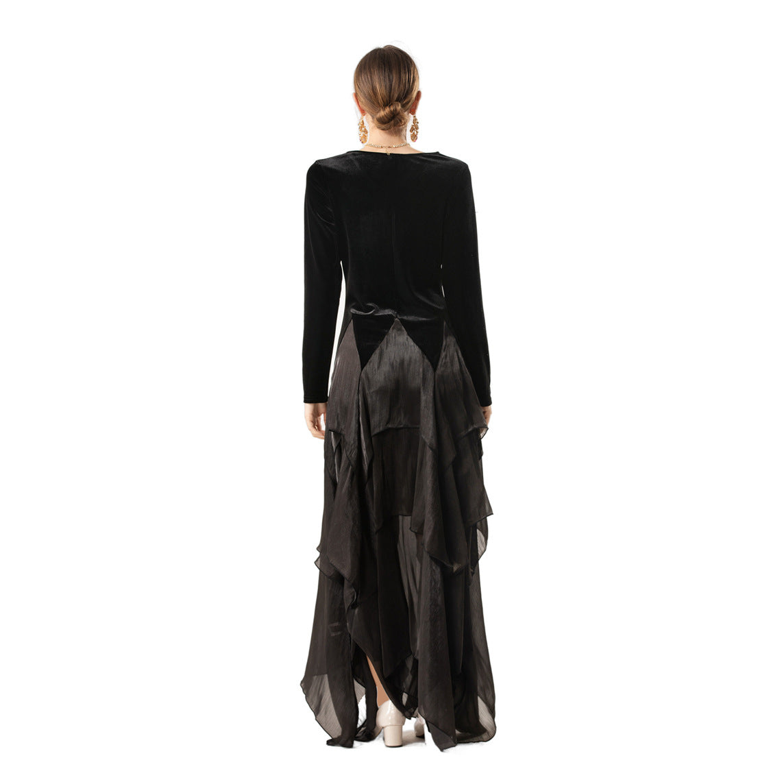Velvet Smooth V-neck Long-sleeve Patchwork Asymmetrical Hem Maxi Dress