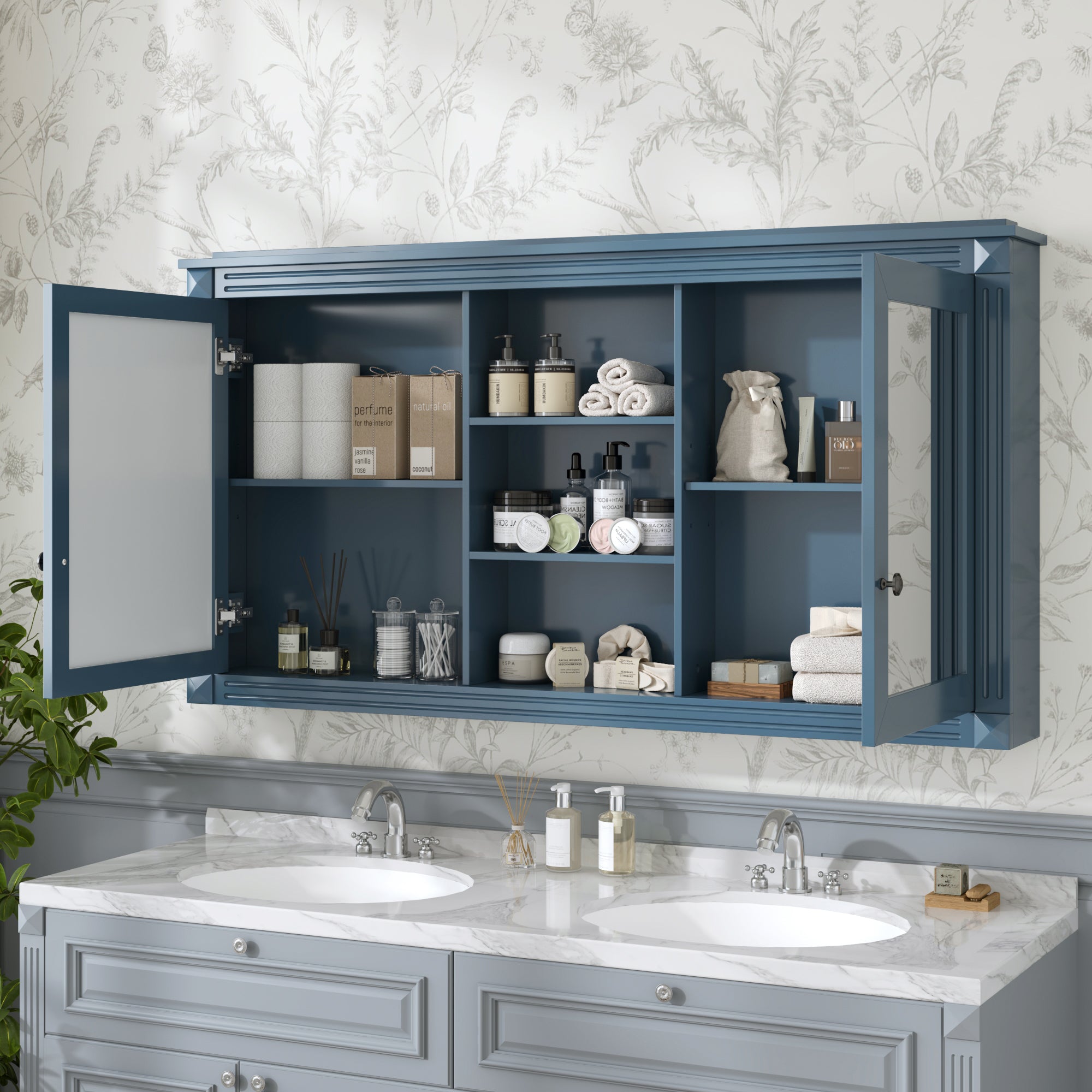55 Inch Wall-Mount 2-in-1 Mirror Cabinet with Adjustable Shelves