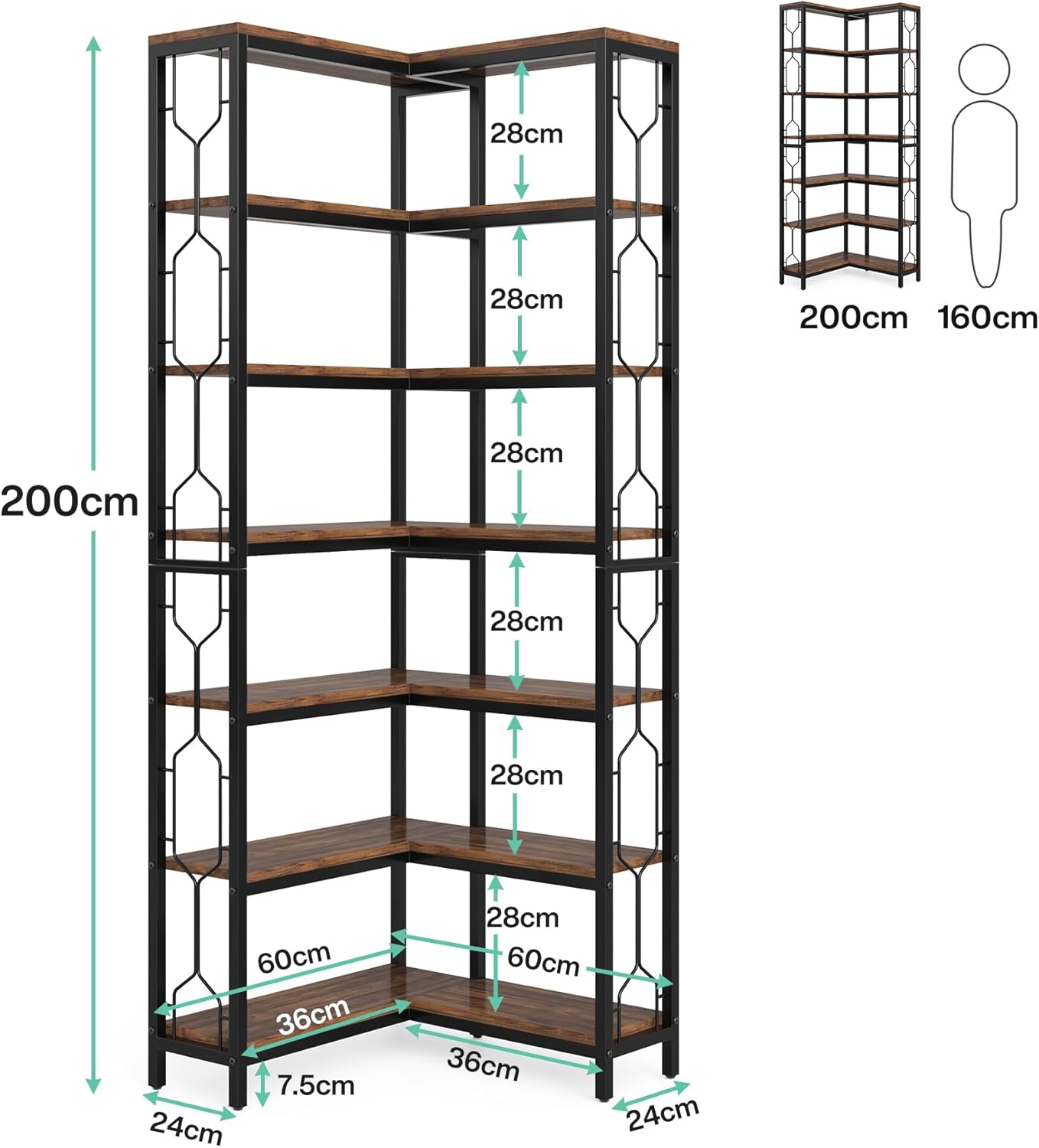 Stylish 7-Tier Industrial Corner Bookshelf