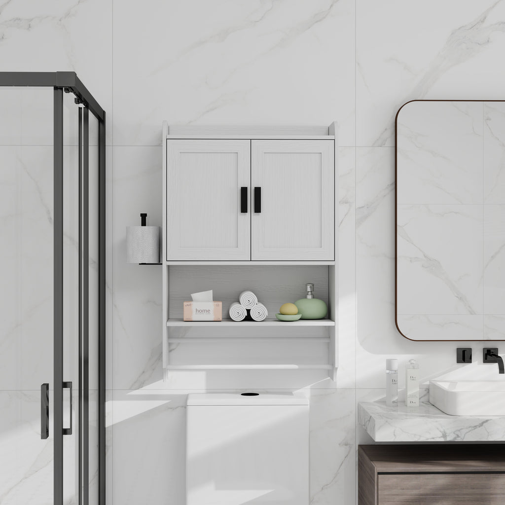 Bathroom Wall Cabinet with Doors, Adjustable Shelf, Towel Bar and Paper Holder