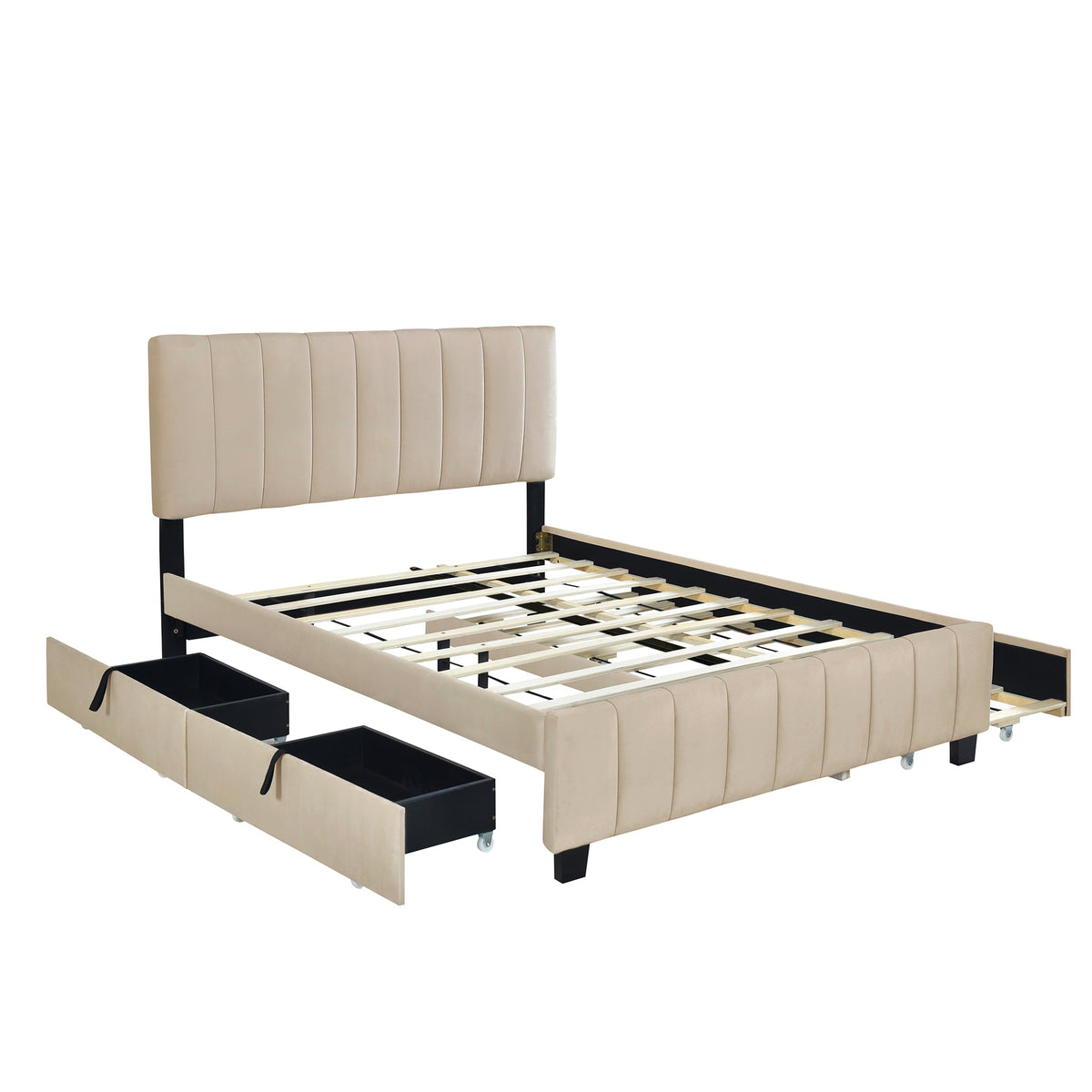 Queen Size Velvet Upholstered Platform Bed with 2 Drawers and Trundle