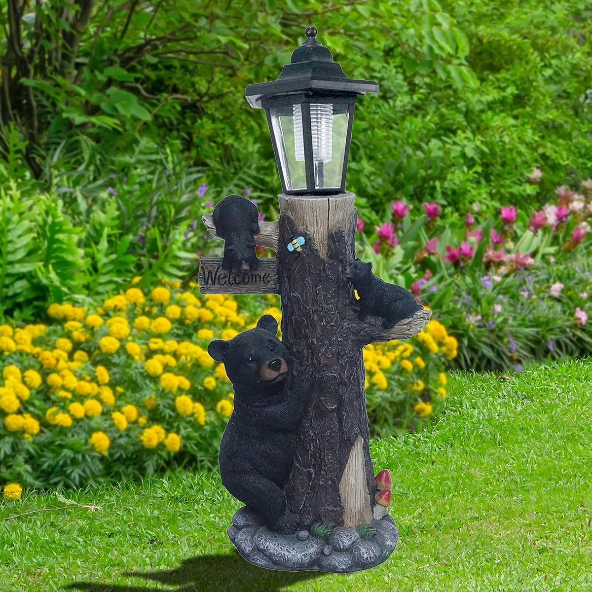 Black Bear Statue Welcome Sign with Solar Light
