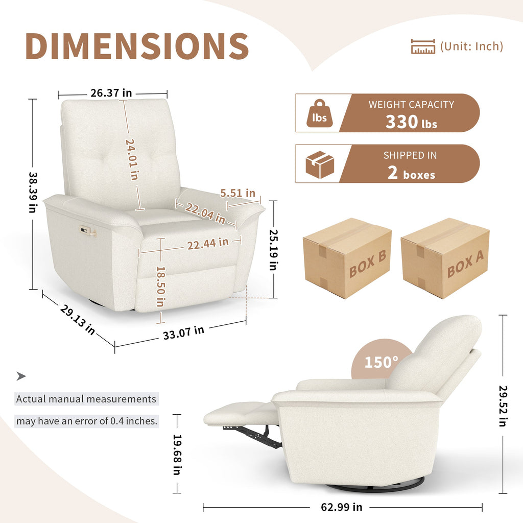 270° Power Swivel Rocker Recliner Chair w/ USB Ports - Beige-Gray