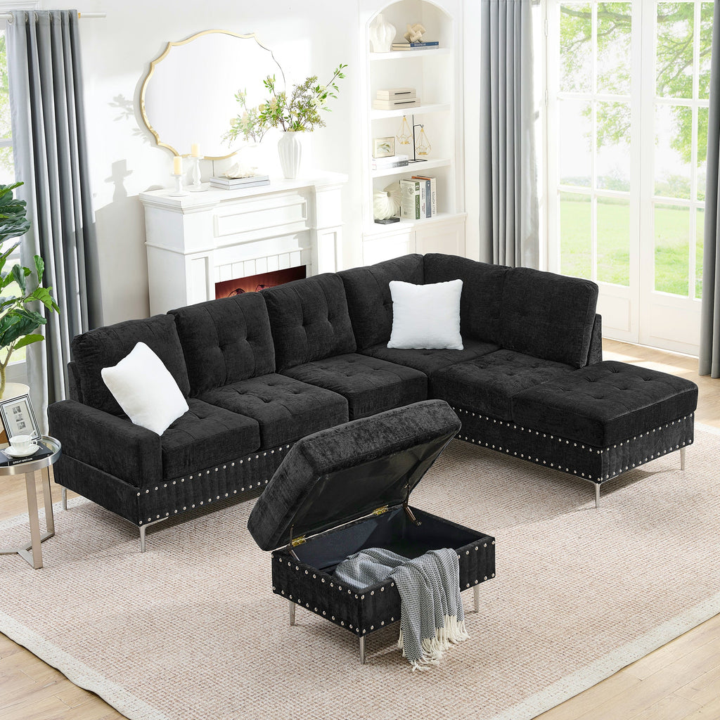 L-Shaped Chenille Sectional Sofa with Chaise and Storage Ottoman