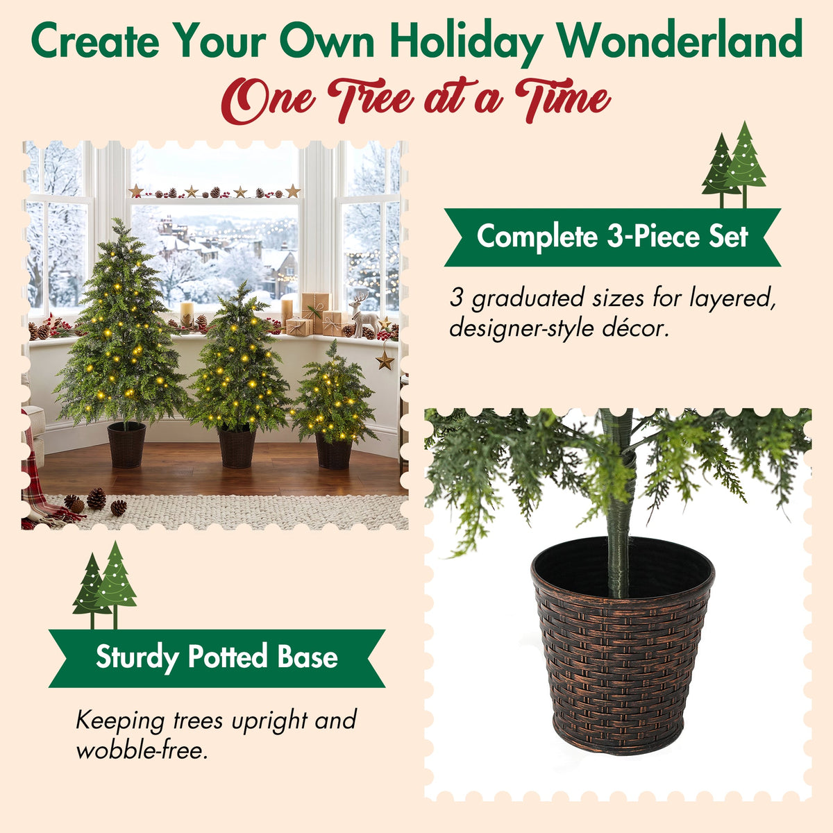 3-Piece Pre-Lit Christmas Tree Set with Warm Lights