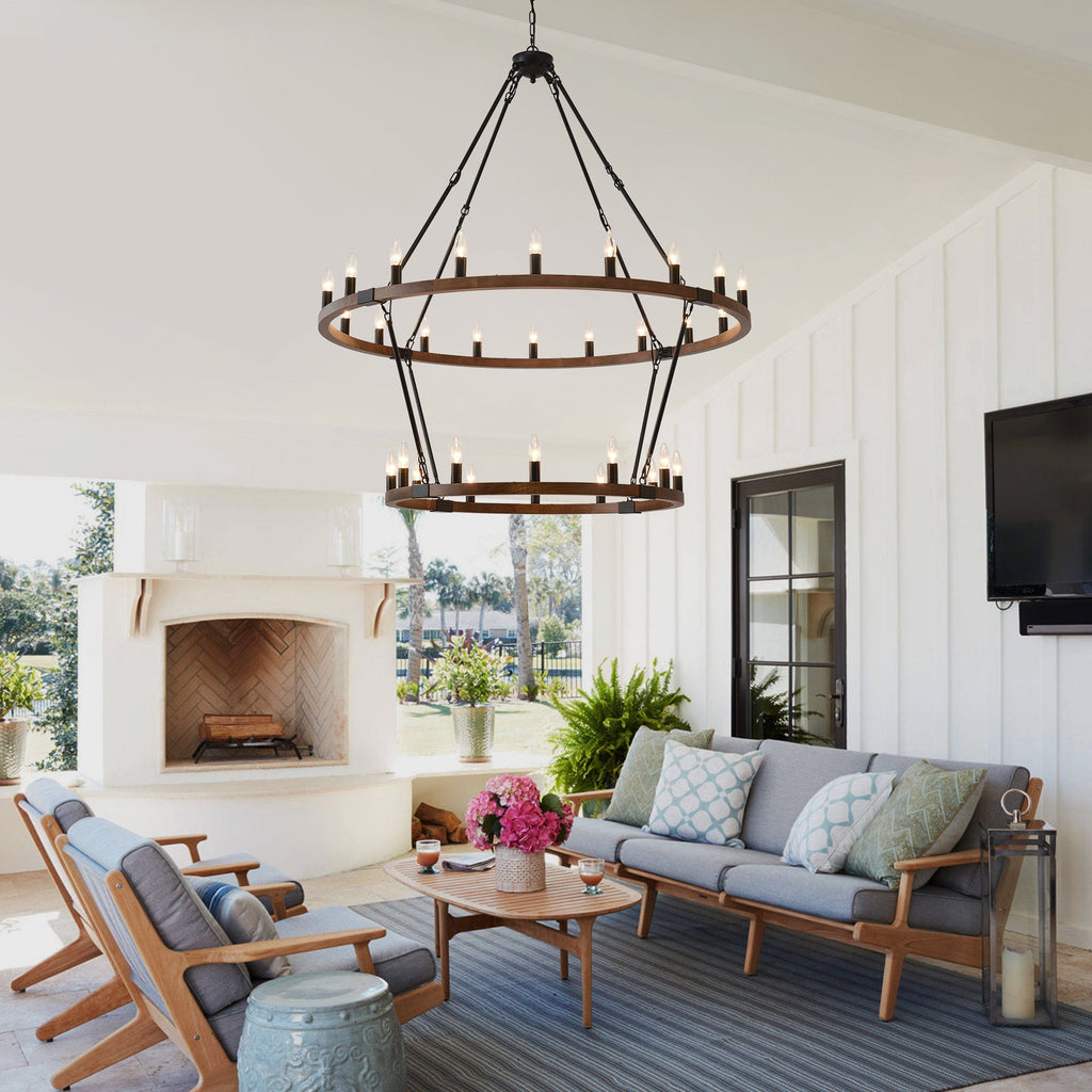 Large Solid Wood Wagon Wheel Chandelier - 32 Lights