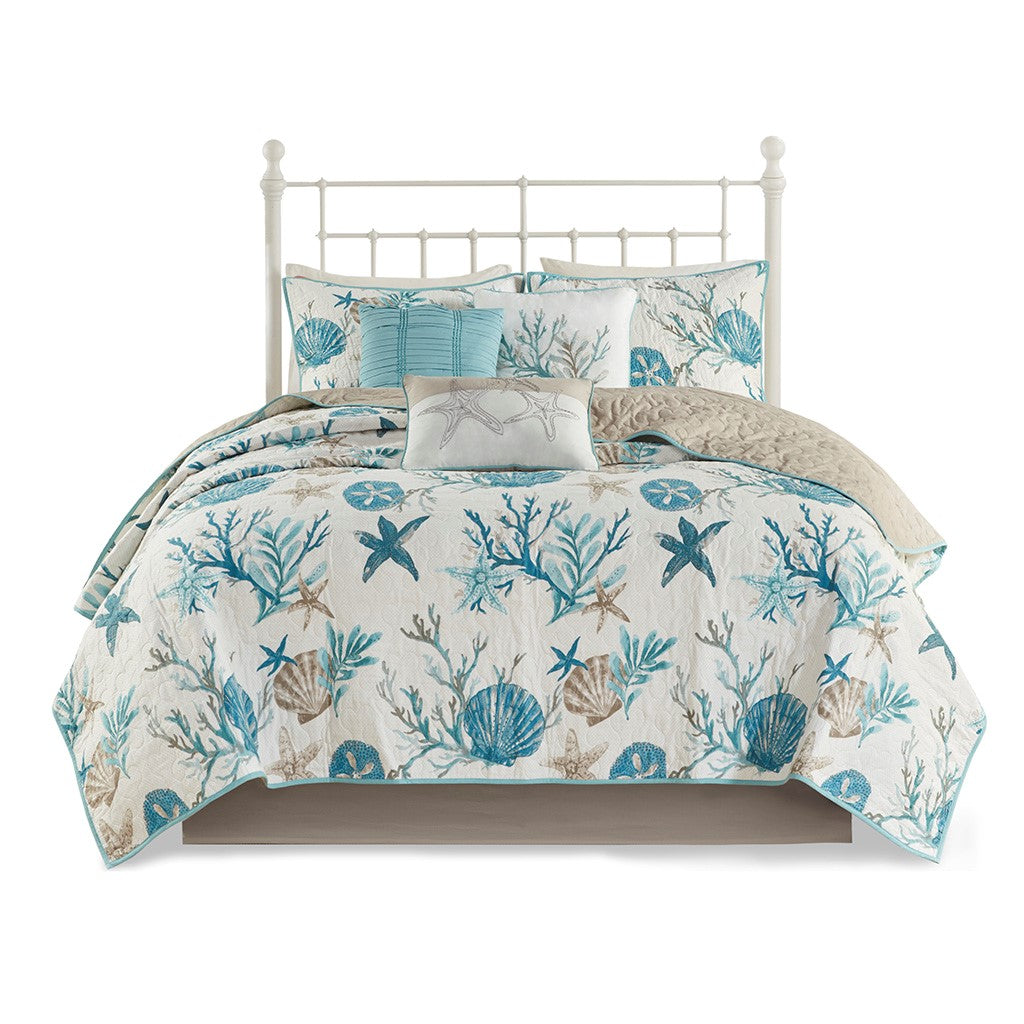 6 Piece Cotton Sateen Quilt Set with Throw Pillows Aqua - King/Cal King