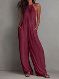 Cross-Border Foreign Trade Women's Clothing European And American Style Halter Neck Sleeveless Vacation Style White Pleated Backless Wide-Leg Jumpsuit