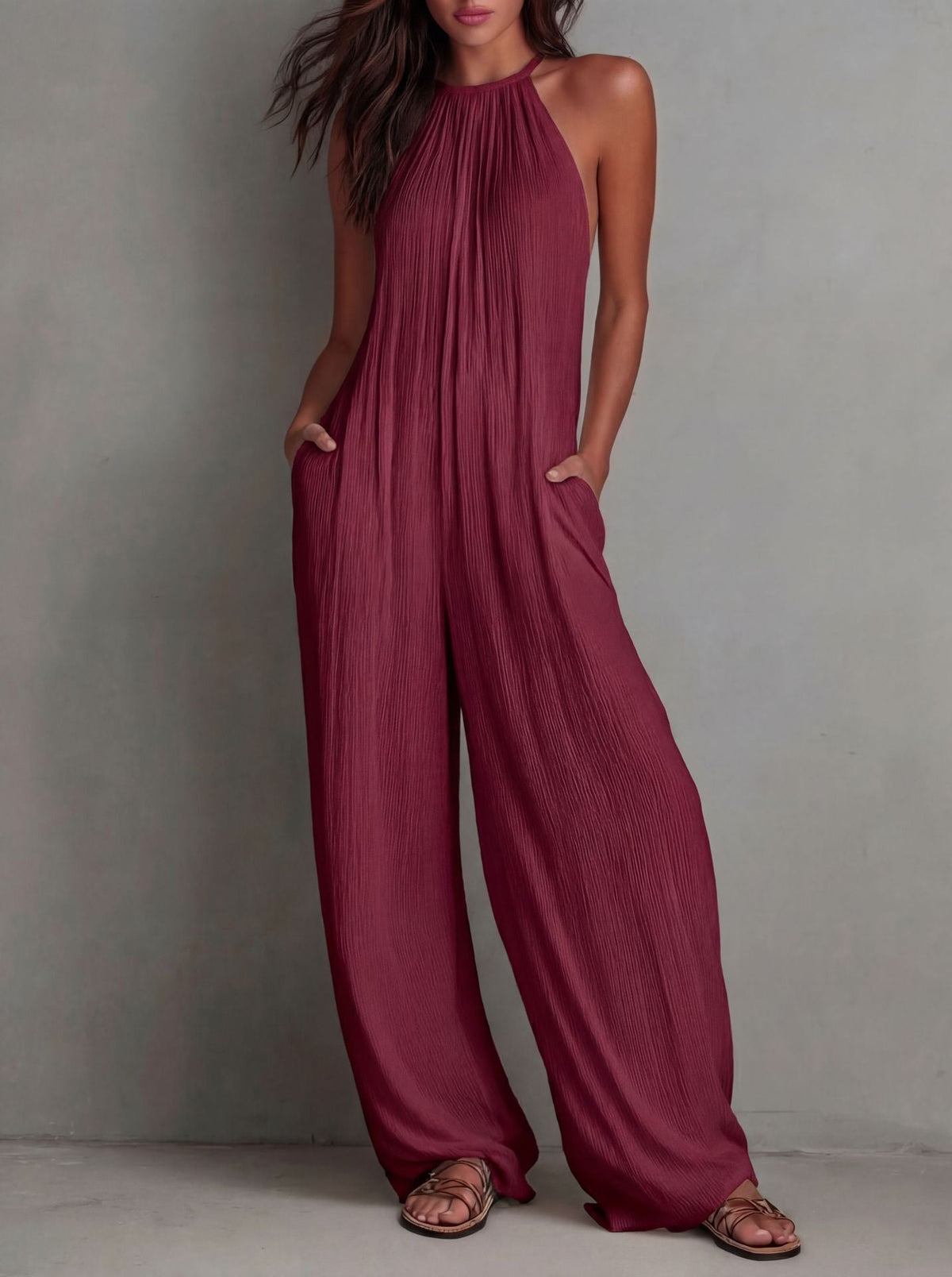 Cross-Border Foreign Trade Women's Clothing European And American Style Halter Neck Sleeveless Vacation Style White Pleated Backless Wide-Leg Jumpsuit