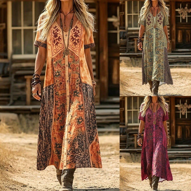 EBay Cross-border European And American Foreign Trade Summer Bohemian Patchwork Printed Dress V-neck Single-breasted A-line Midi Dress