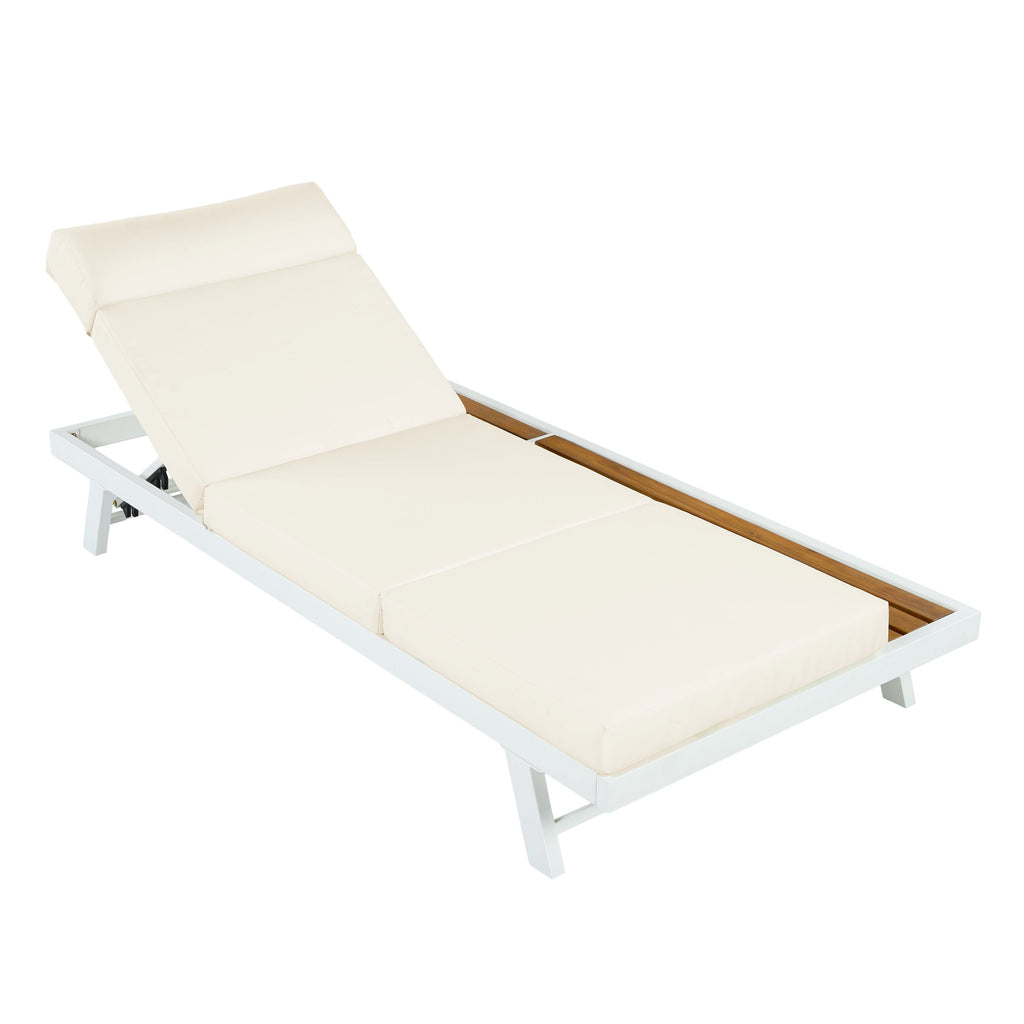 White Iron + Teak Finish Outdoor Chaise Lounge Set
