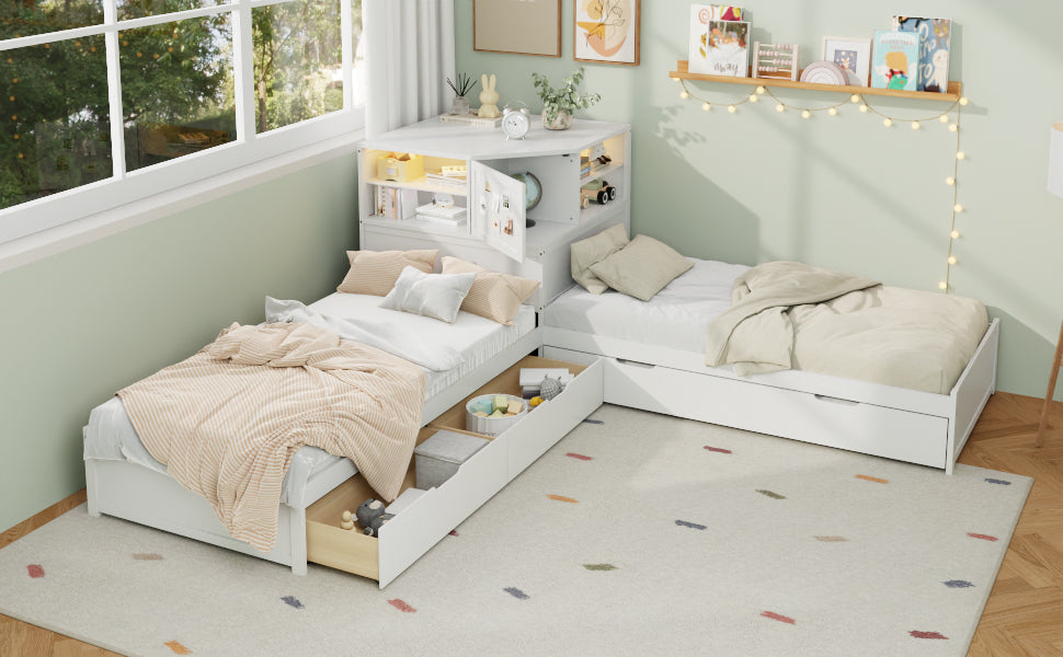 L-Shaped Combination Twin Bed Frame with Trundle and Drawer