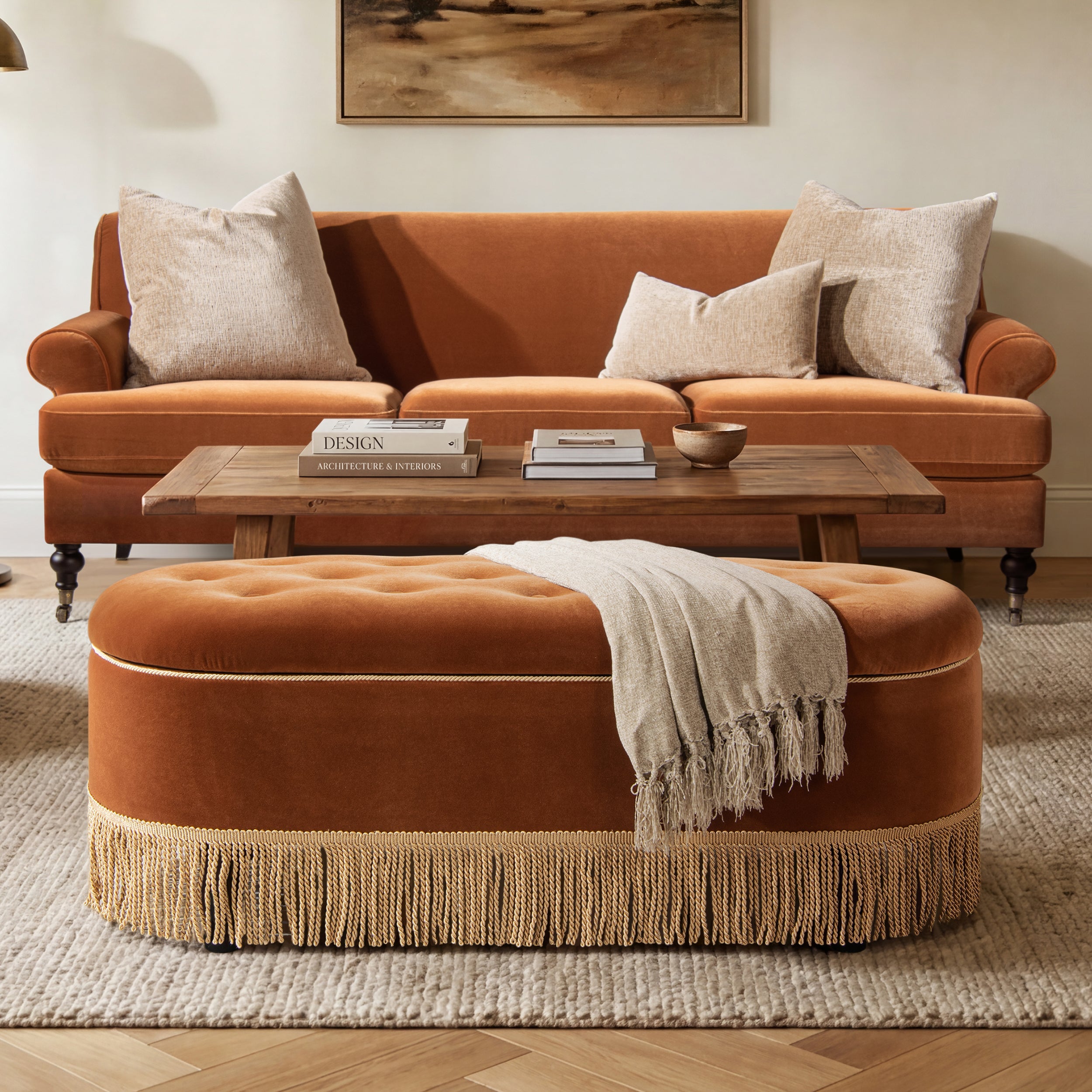 Melinda 48.5" Oval Tufted Bullion Fringe Storage Bench