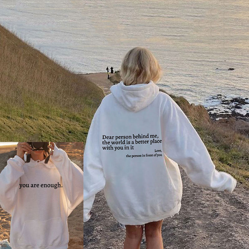 Womens Letter-Print Pocket Drawstring Hoodie With Fleece Lining
