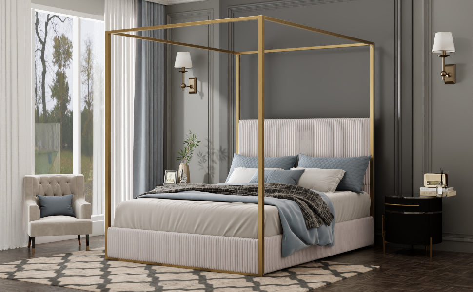 Modern Luxury Metal Canopy Bed with Tall Corduroy Upholstered Headboard