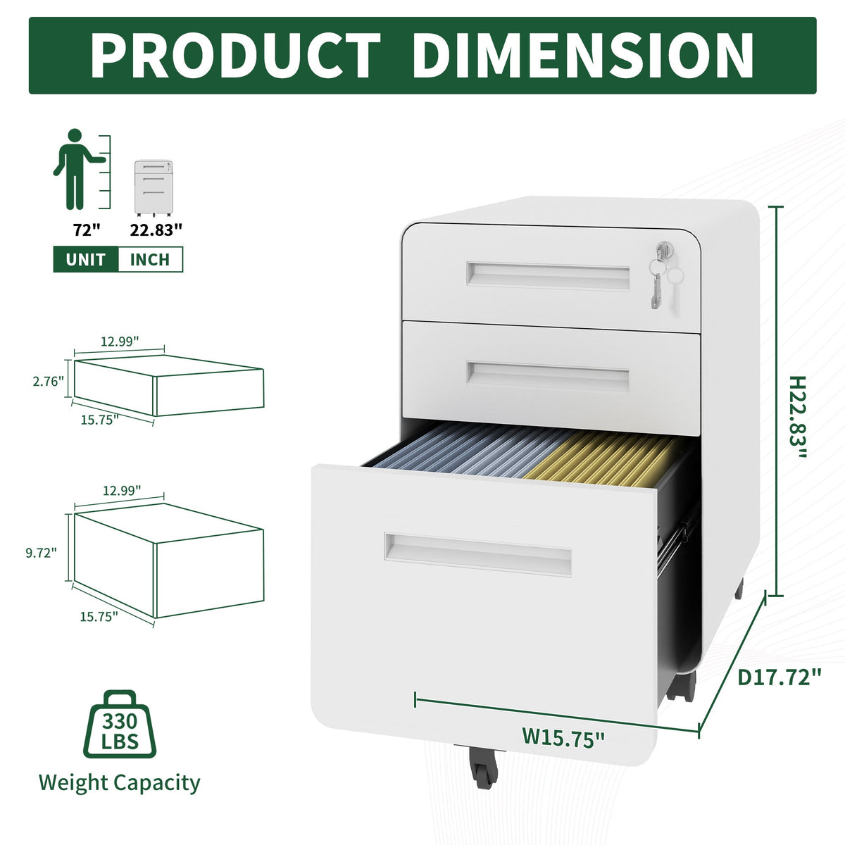 3-Drawer Wide Mobile File Cabinet with Lock