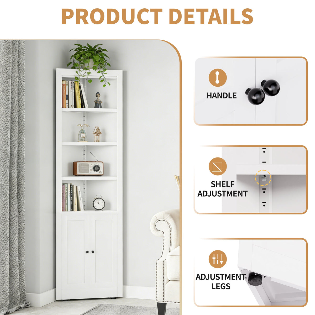 71" Tall Corner Storage Cabinet with 2 Doors and 6-Tier Shelves