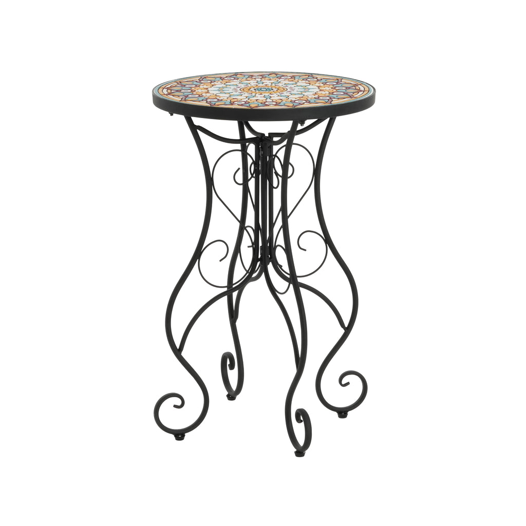 Round Ceramic Outdoor Side Table, Colorful + Black