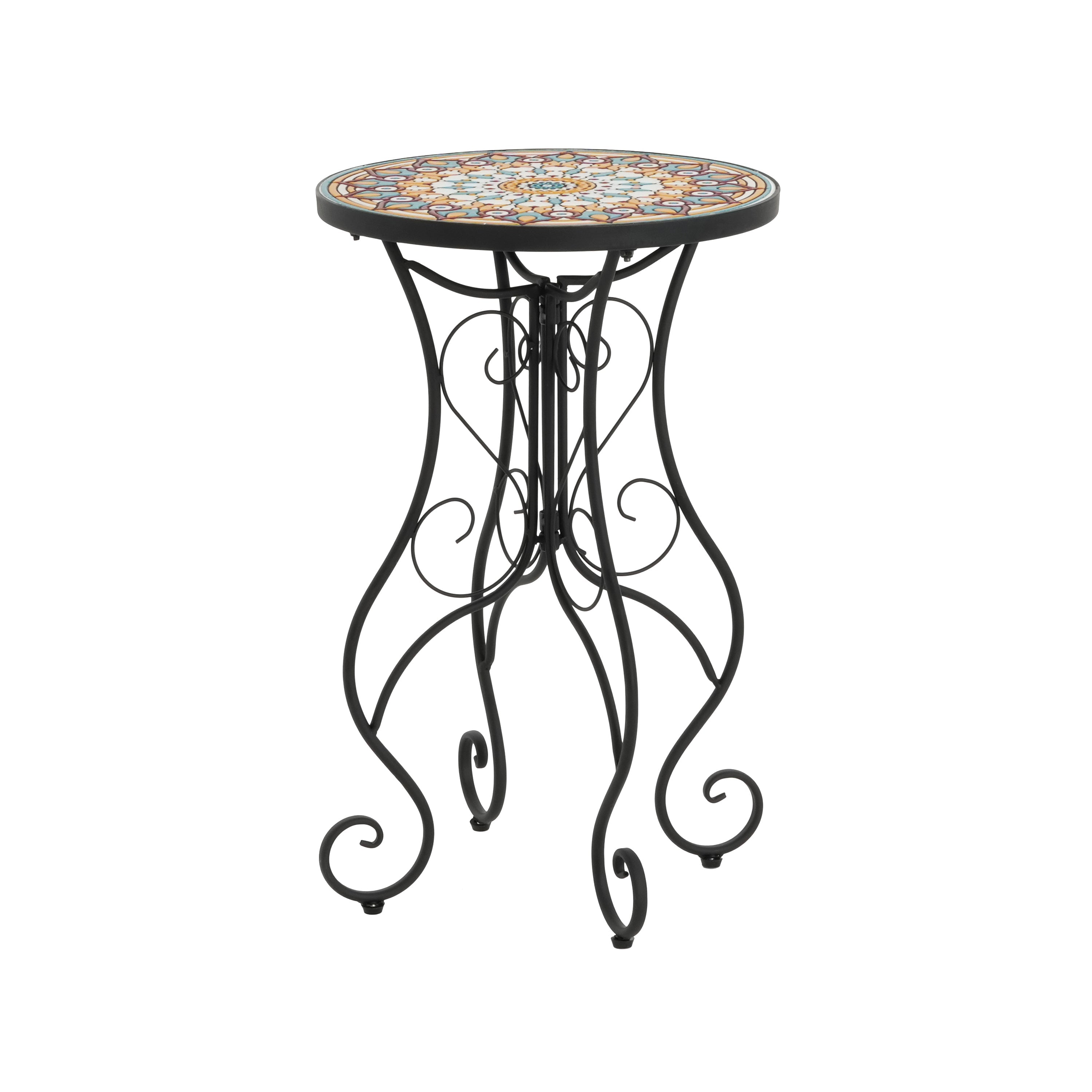 Round Ceramic Outdoor Side Table, Colorful + Black