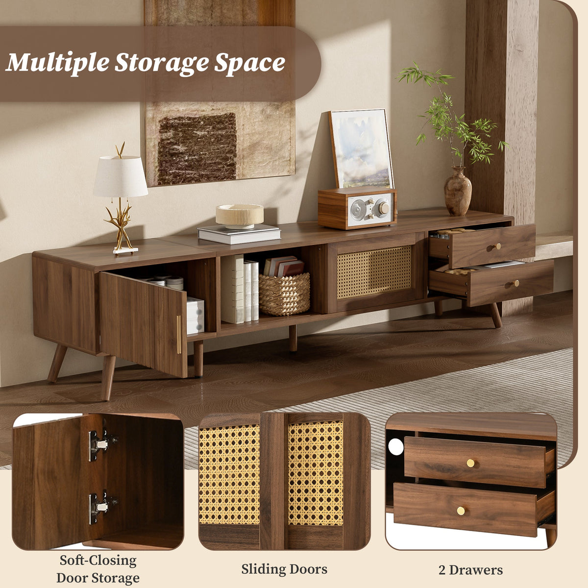 Modern Rattan Doors TV Stand for TVs up to 85 Inches