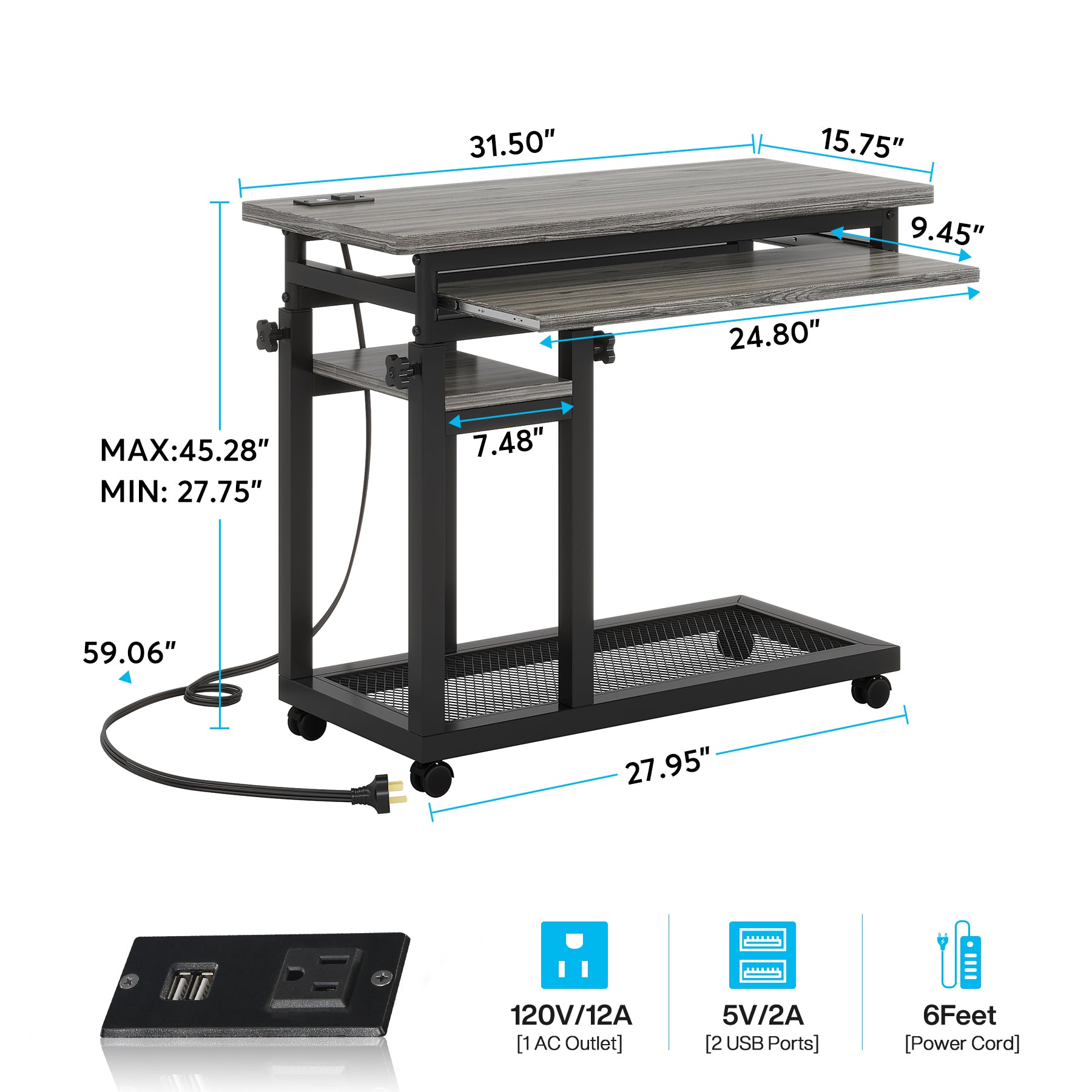 28"-39.3" Height Adjustable Portable Desk with USB Ports