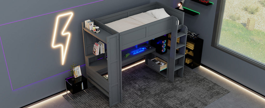 Wood Twin Size Gaming Loft Bed with Desk, Multi-storage Shelves, LED and Charging Station