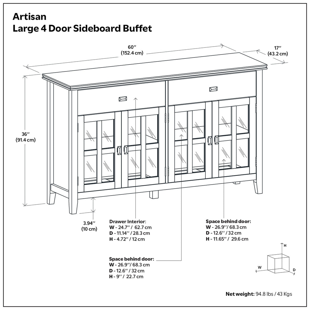 Artisan Solid Wood Large 4 Door Sideboard Buffet in Russet