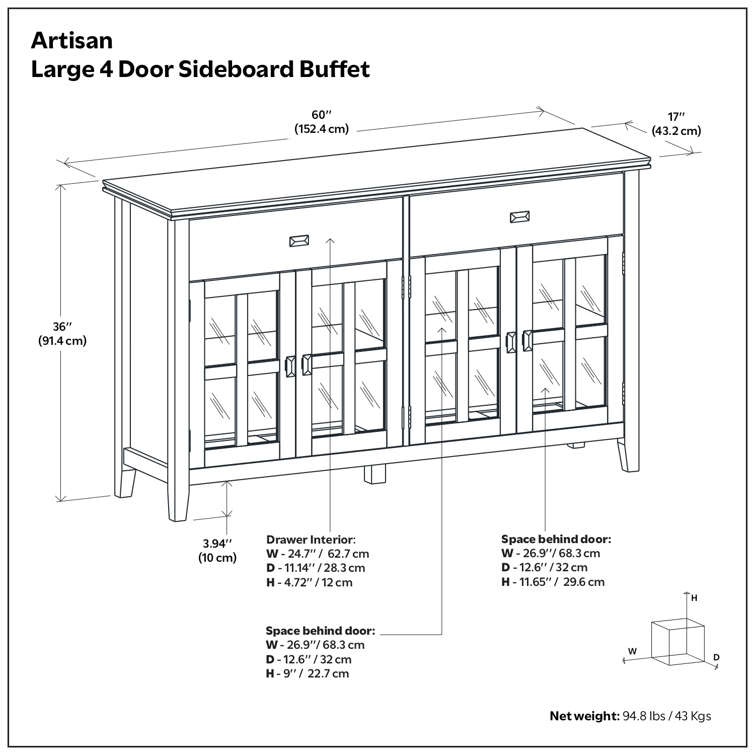 Artisan Solid Wood Large 4 Door Sideboard Buffet in Russet