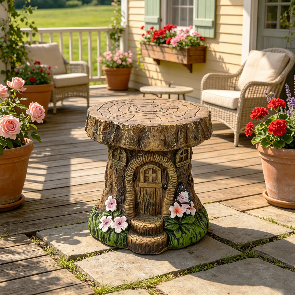 Tree Stump Fairy House Stool Garden Statue