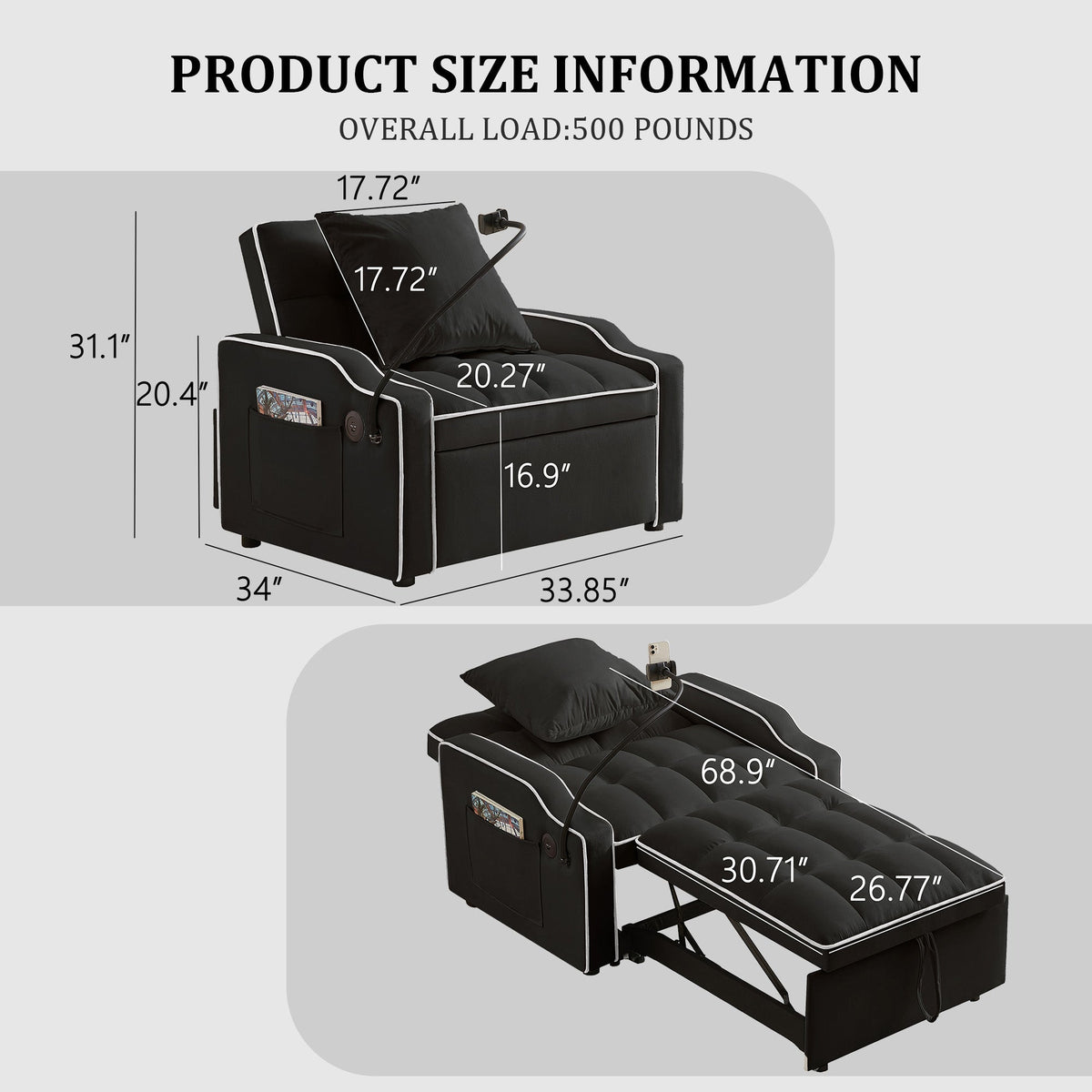 Sleeper Sofa Chair Bed - 3 In 1 Convertible Design