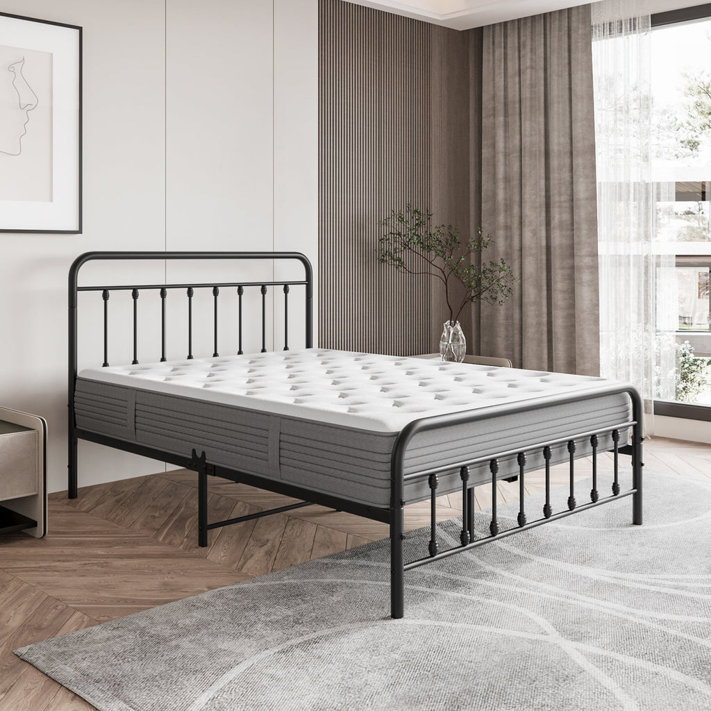 Metal Platform Bed Frame with Victorian Style Headboard