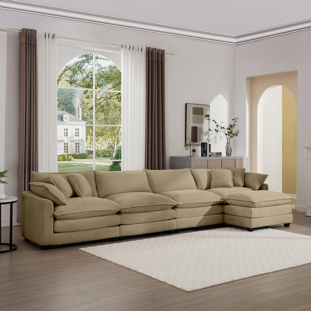 Corduroy Sofa - Modern Upholstered 4 Seater with Footstool