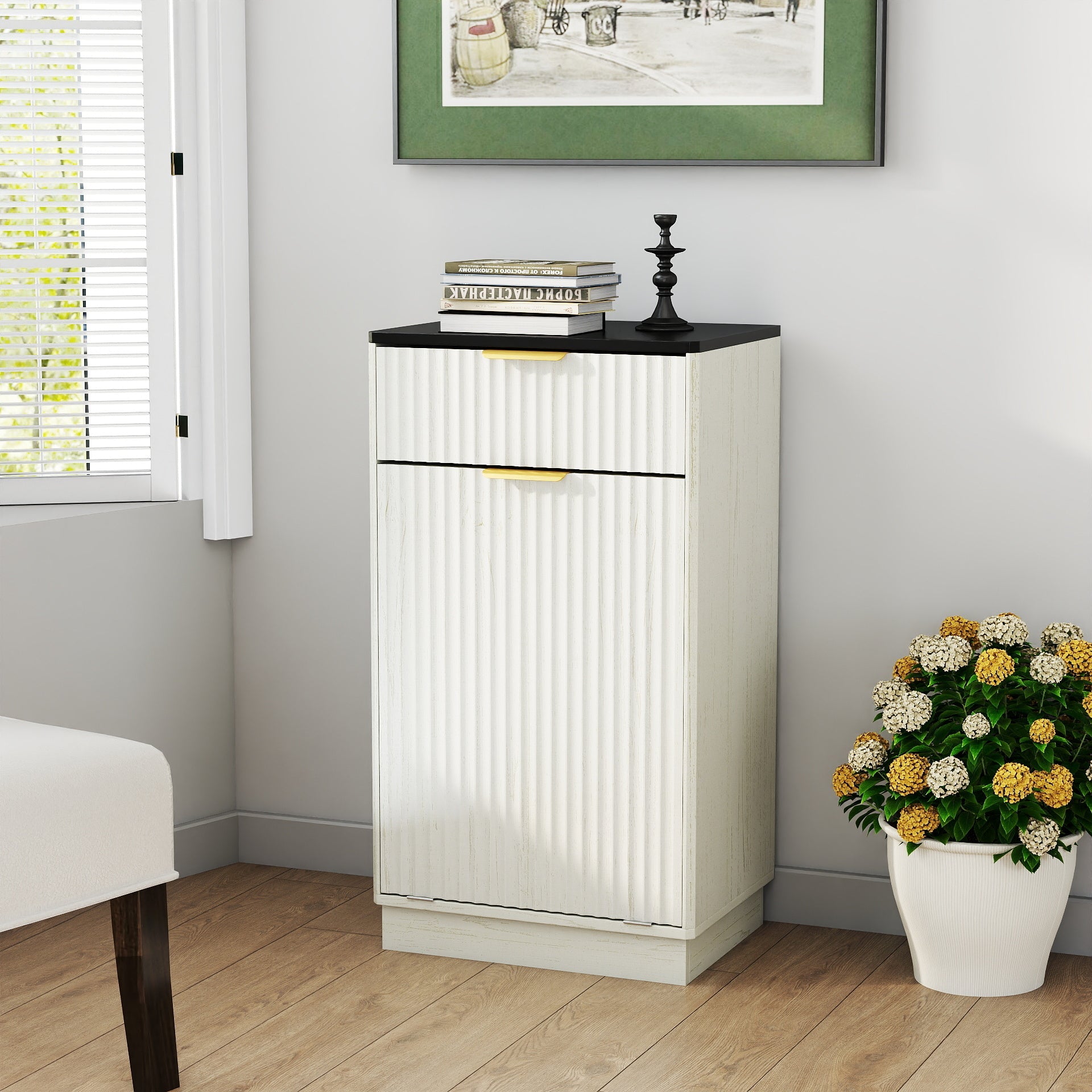 Woodgrain Tilt-Out Trash Can Cabinet with Wave-Textured Drawer