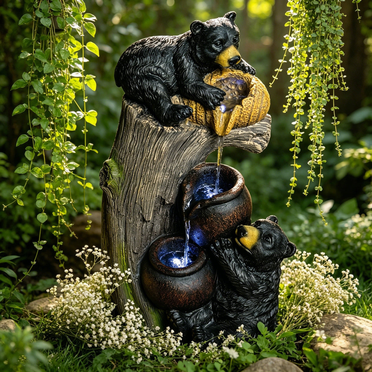Bear Outdoor Water Fountain with LED Lights