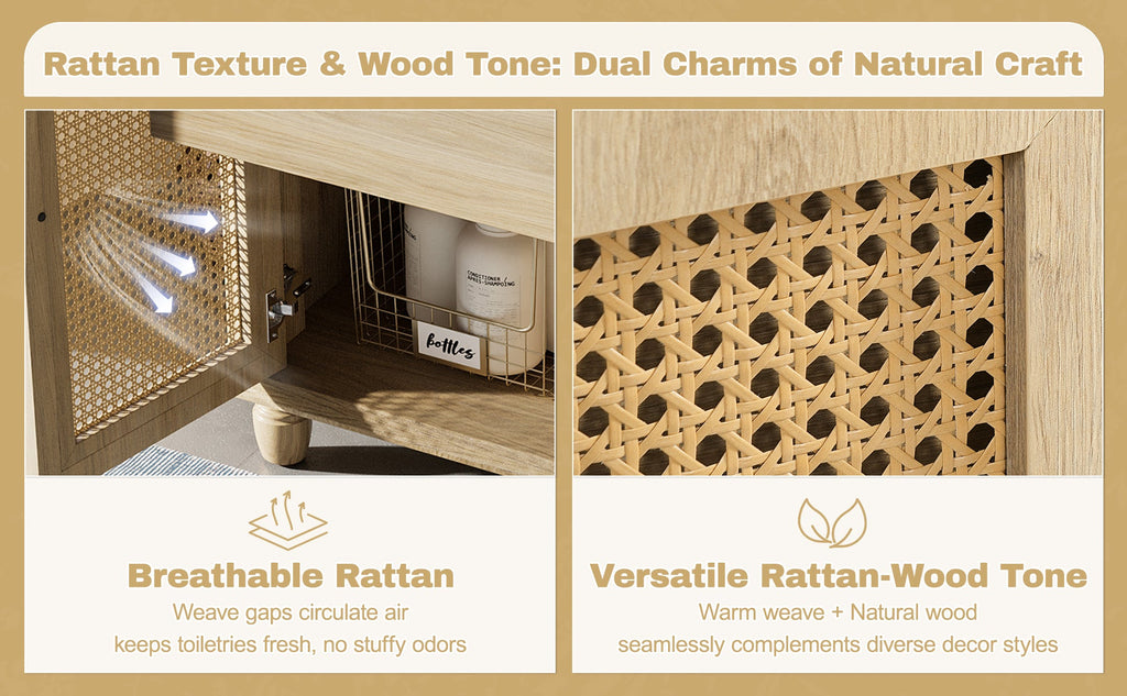30-Inch Bathroom Vanity: Handwoven Rattan Doors, Solid Wood Legs & Resin Basin