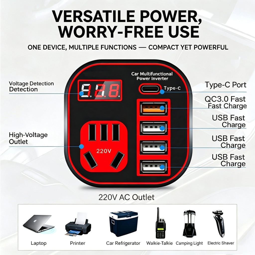 Car Power Inverter 12V 24V To 220V Multi Function Car Charger Converter With USB C QC3.0 Outlet Voltage Display For Truck Vehicle