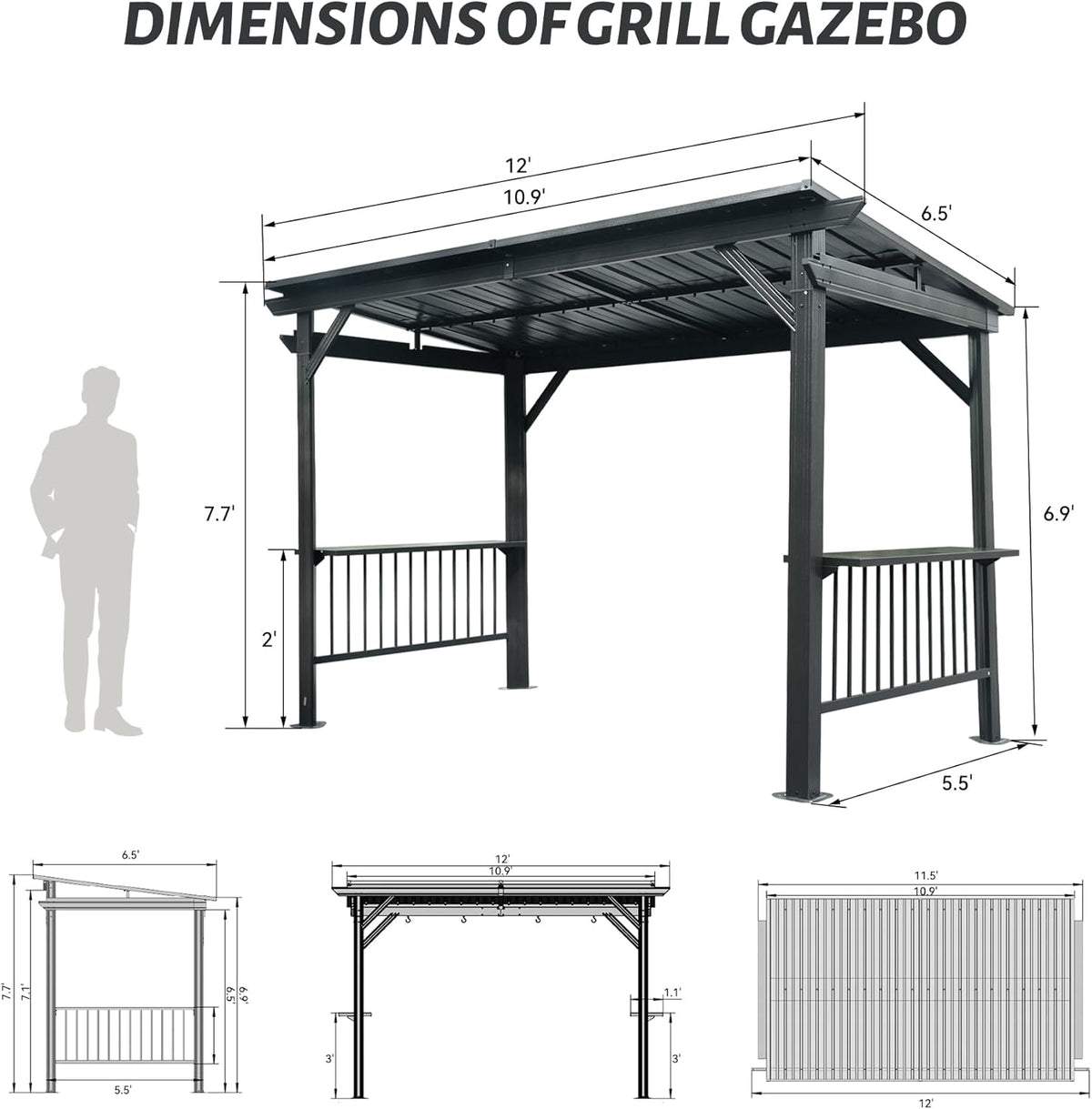6.5x12FT Hardtop Grill Gazebo with Side Shelves