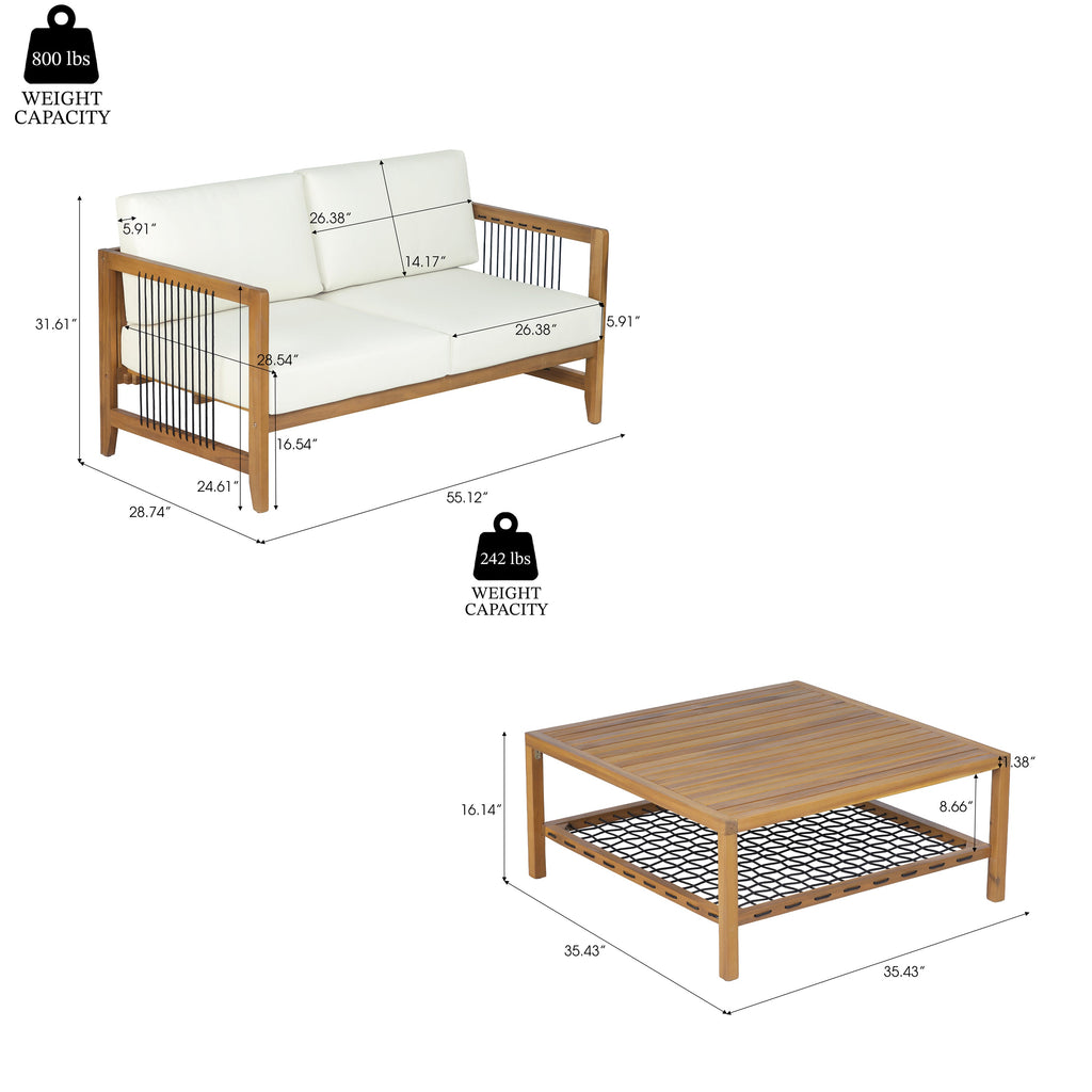 2-Piece Acacia Wood Outdoor Loveseat Set