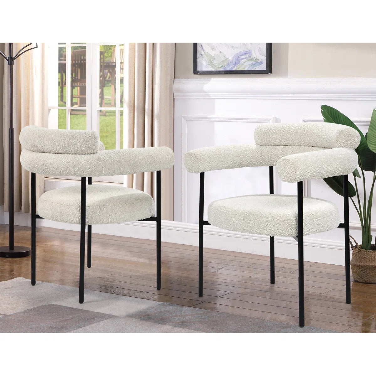 Set of 2 Boucle Fabric Kitchen Dining Chair with Armrest