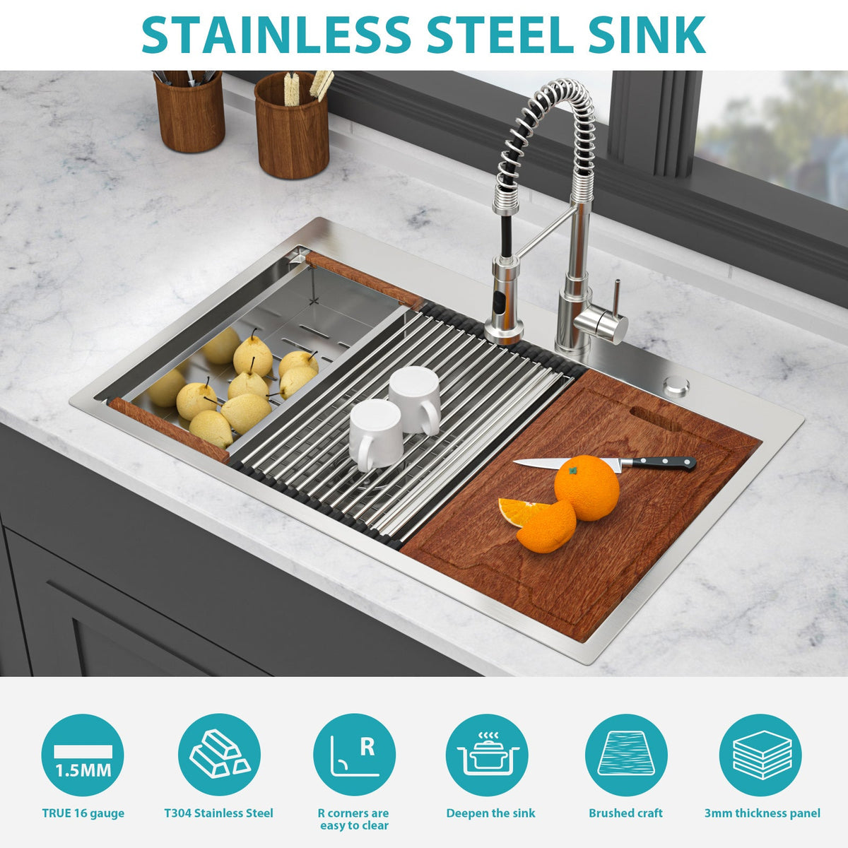 Topmount Drop In Kitchen Sink - 33" x 22" Double Bowl (60/40)