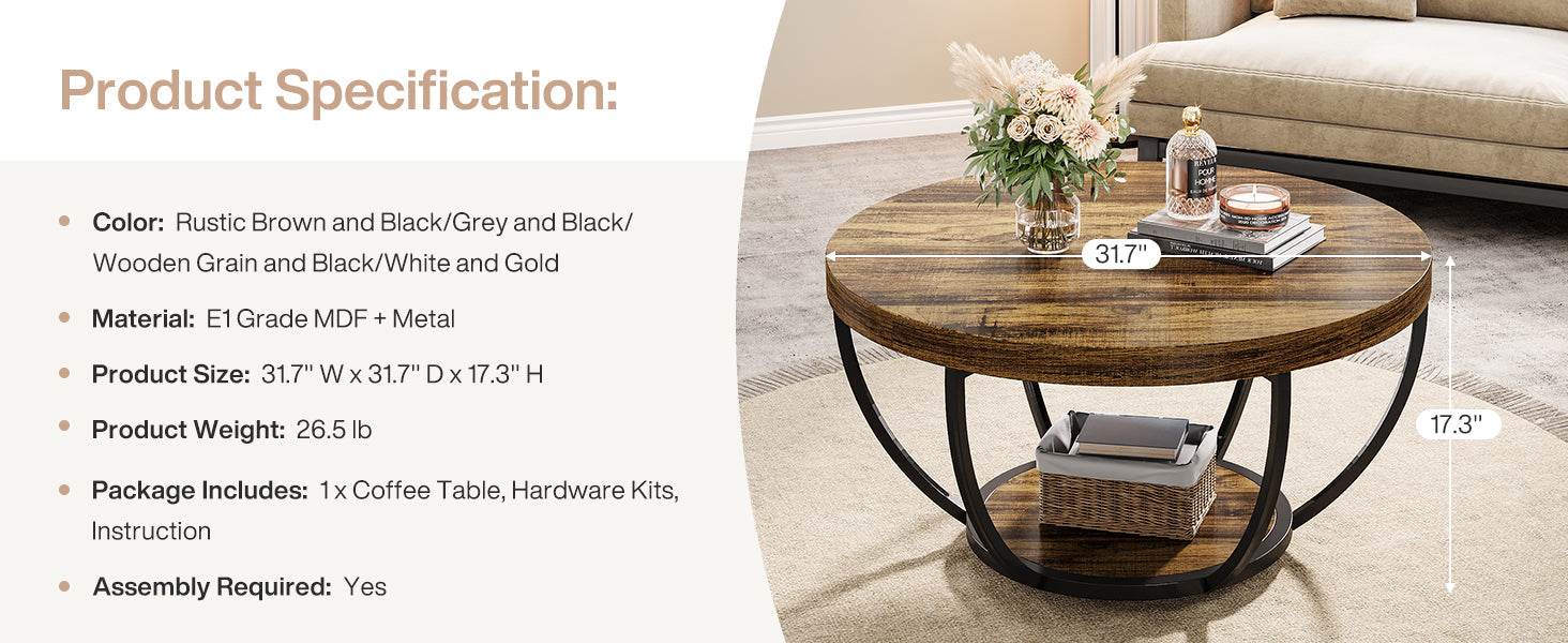 Round Coffee Table - 31.7" Rustic