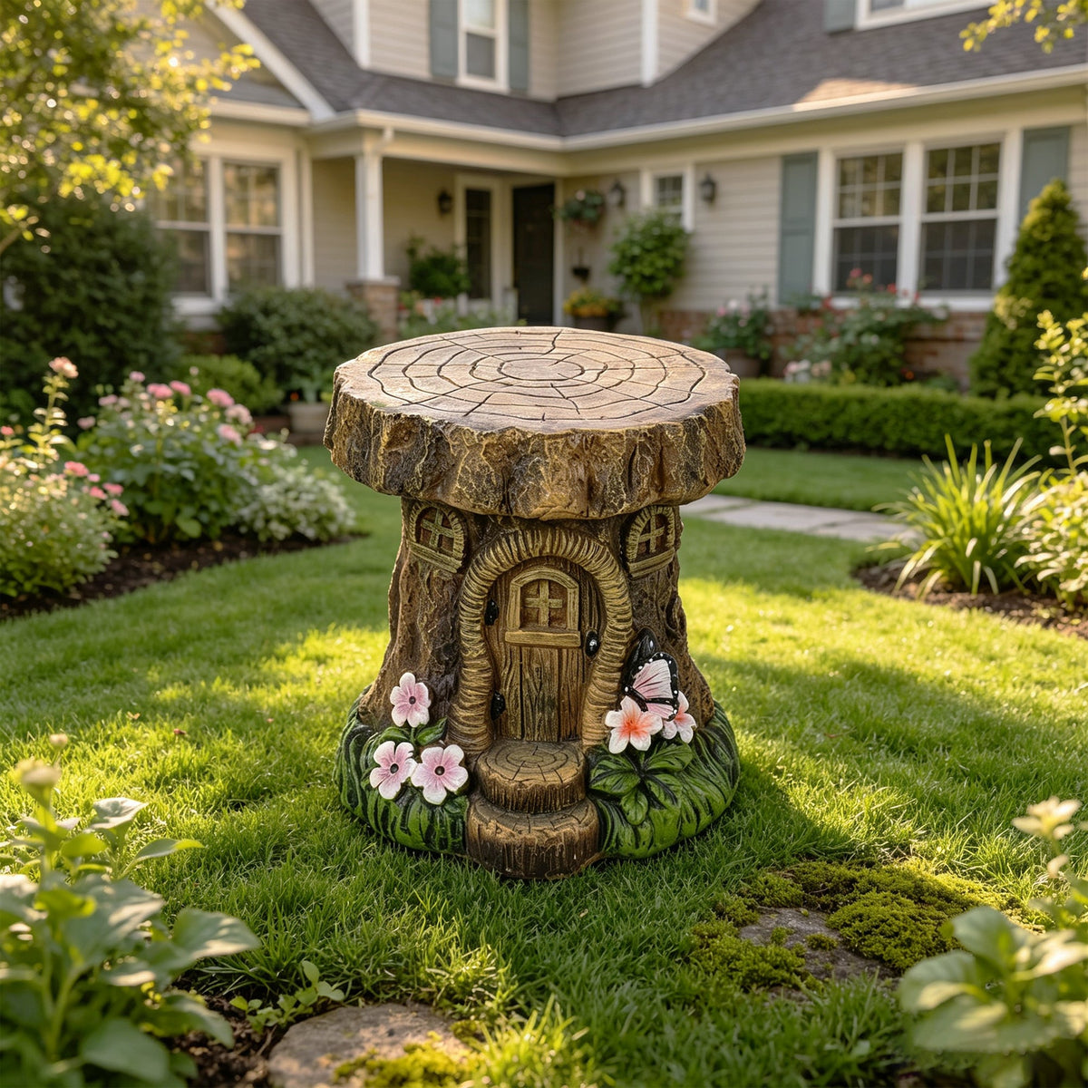 Tree Stump Fairy House Stool Garden Statue