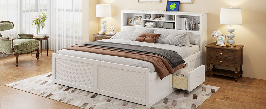 King Size Wood Platform Bed with Multi-storage Headboard, USB and Drawers