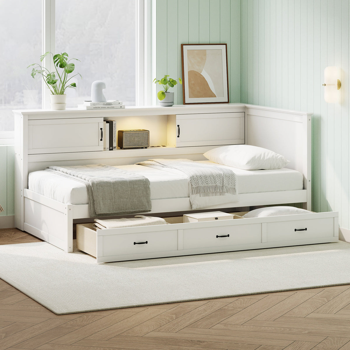 L-Shaped Bed Frame with Drawer and Bookcase
