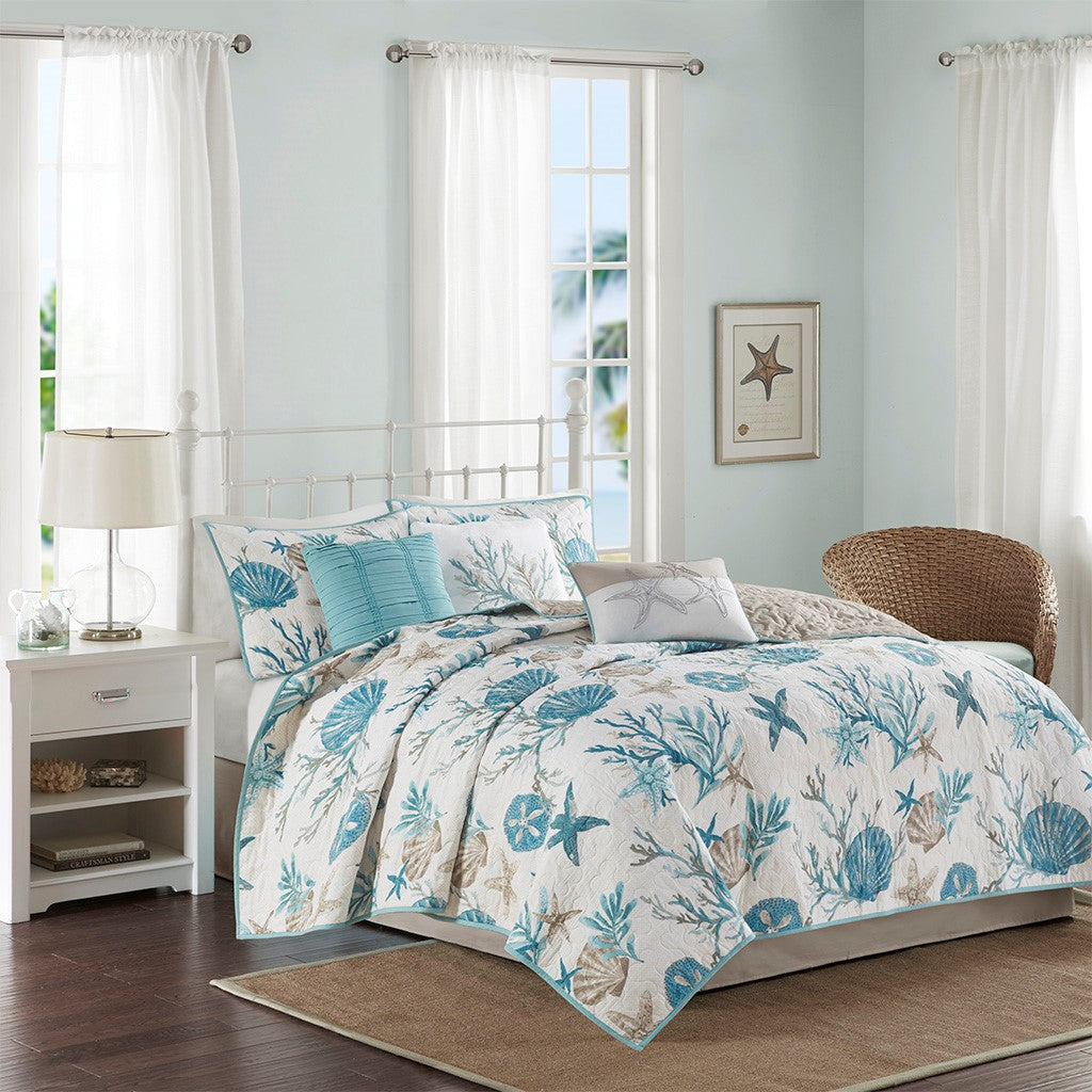 6 Piece Cotton Sateen Quilt Set with Throw Pillows Aqua - King/Cal King