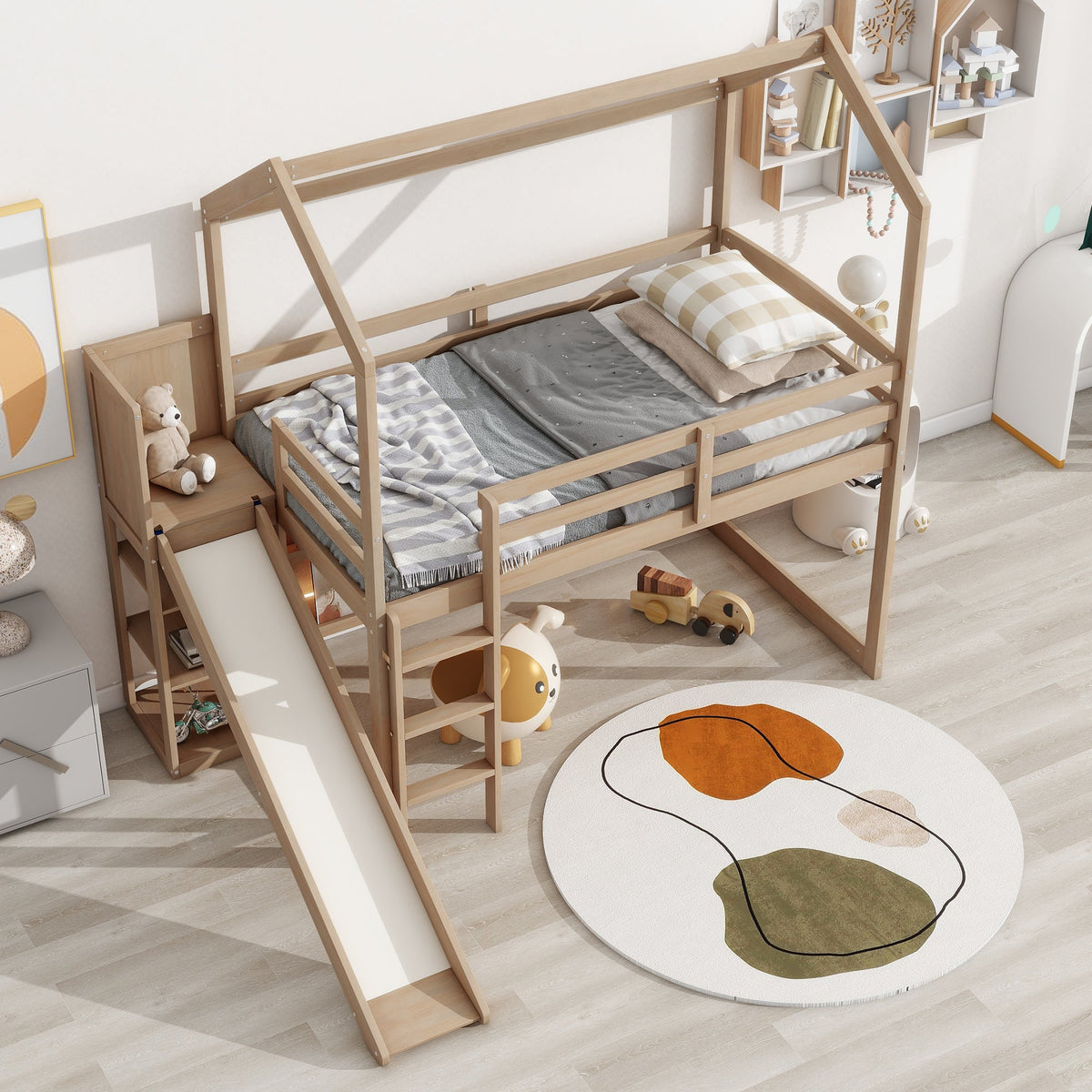 Twin Size Wood House Loft Bed with Slide, Storage Shelves and Light