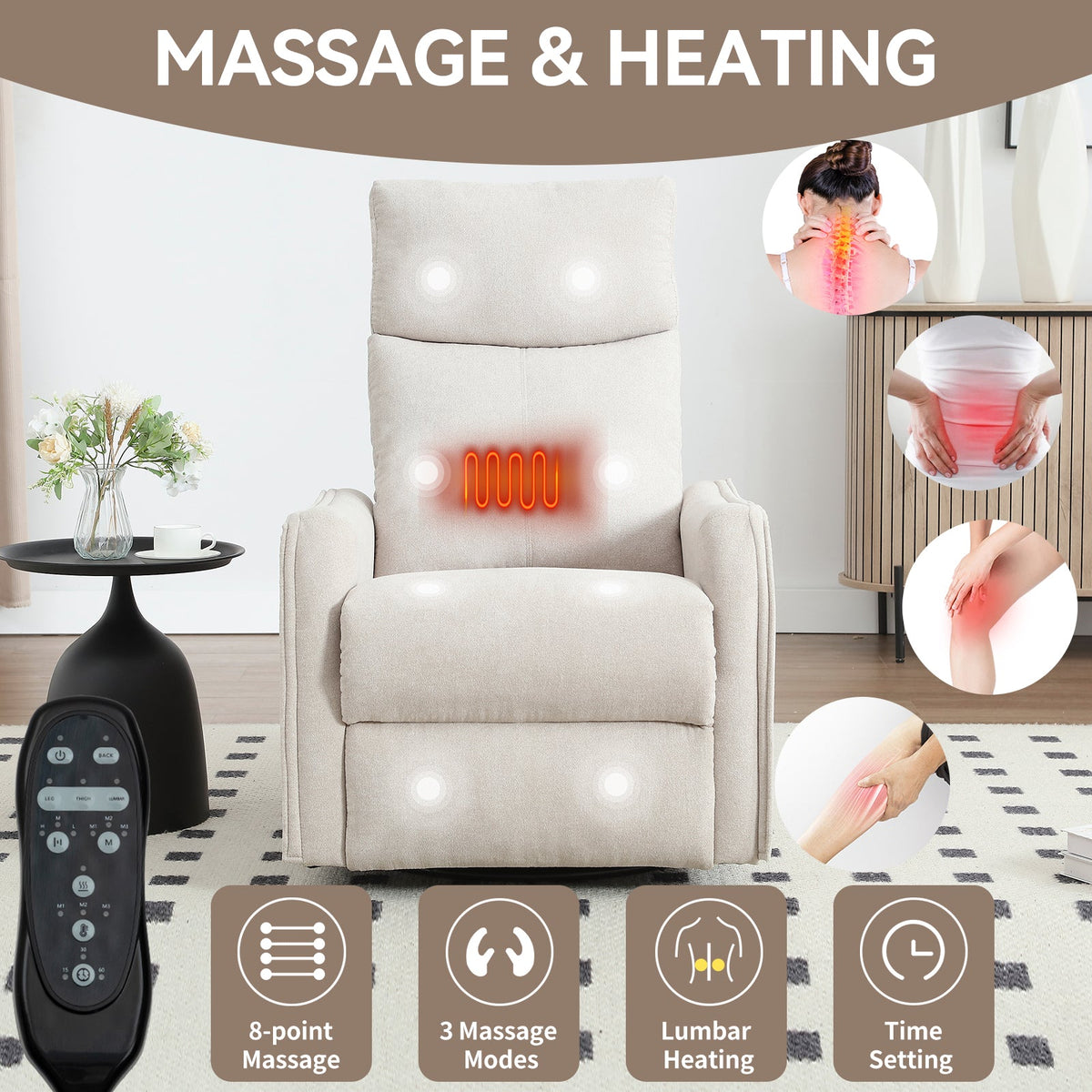 Heat Massage Manual Recliner Chair with Rocker and Swivel in Fabric